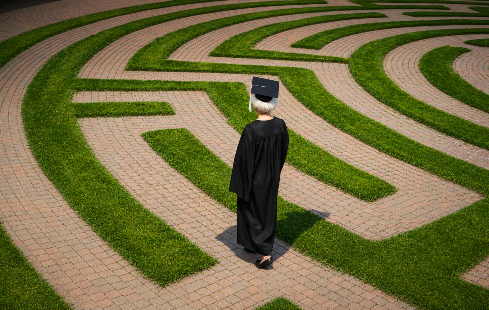 A graduate in cap and gown stands at the centre of a maze, viewed from above.